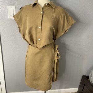 Banana Republic Linen-Blend Wrap Mini Shirtdress, Neutral Khaki, XL 773203